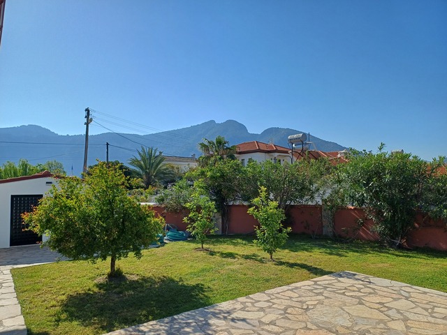 A wider angled shot of the side garden with mountains in the background